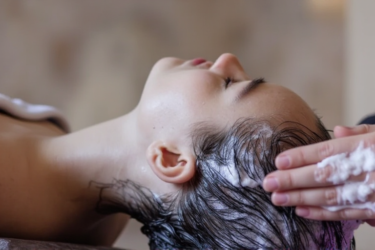 A calming scalp treatment being gently applied, warm natural light